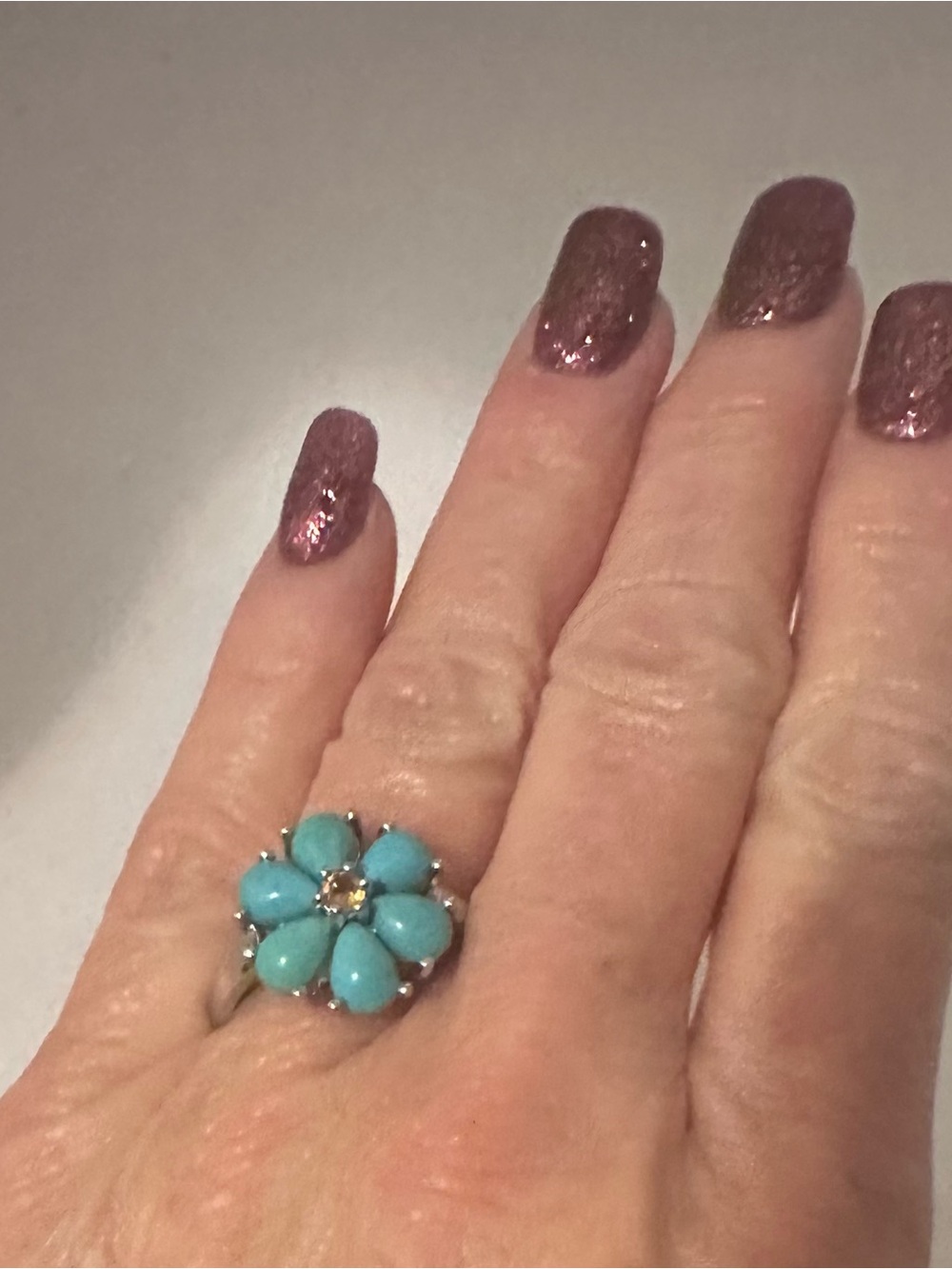 Turquoise Floral size 10 Ring with pink center stone set in sterling silver - Picture 2 of 9